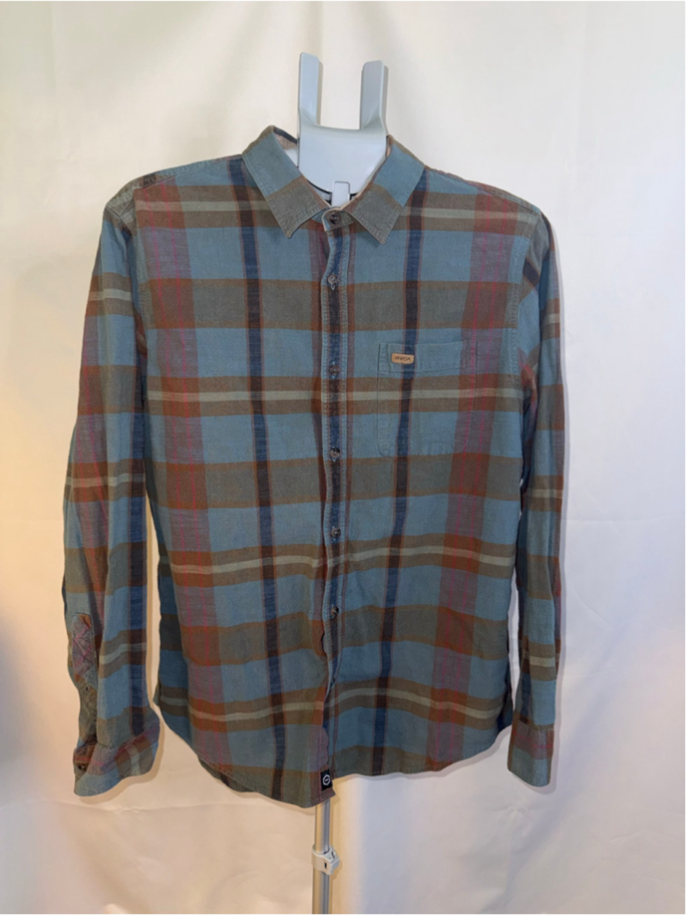 Men's RVCA Plaid Casual Button Down Shirt Size L Blue Brown
